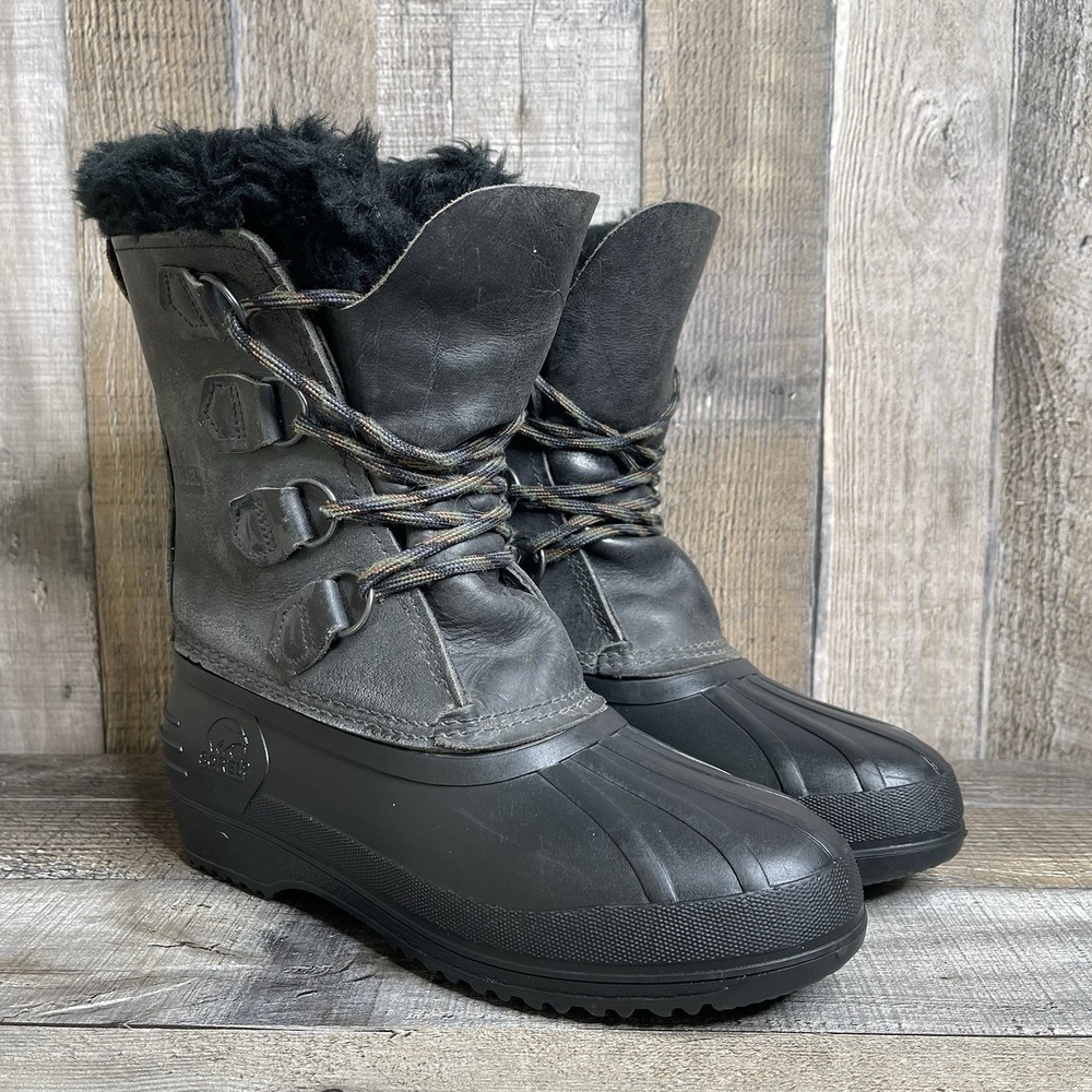 Womens Sorel Canada Badger Black Leather Insulated Winter Snow Boots Size 6 M